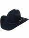 Black felt western hat. Wide brim, high crown, silver buckle. Structured shape, smooth finish.
