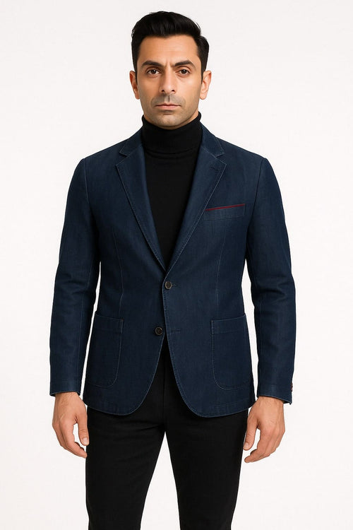 Mens Dark Blue Denim Casual Blazer with Notch Lapel and Single Button Closure