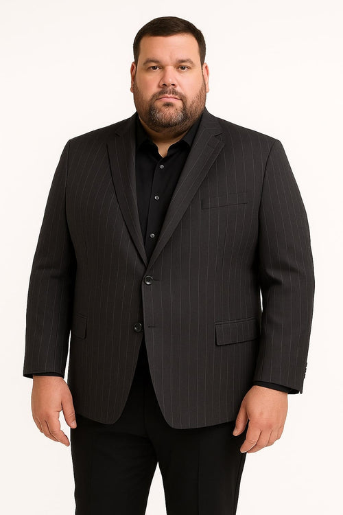 Black pinstripe blazer with charcoal grey stripes. Single-breasted, notched lapels, two front pockets, and a chest pocket. Smooth, structured fabric, formal tailored style.
