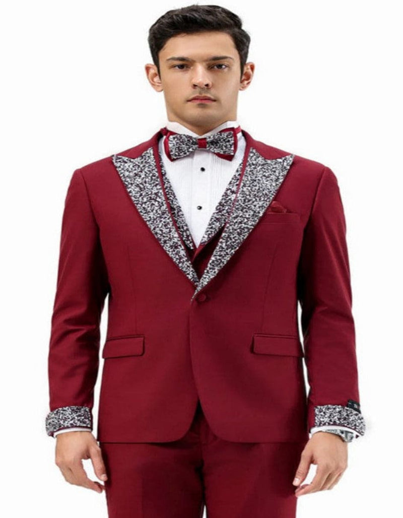 Dark Red - Maroon Wine Prom Tuxedo - Perfect Wedding Suit Vested rhinestone sequin Lapelled