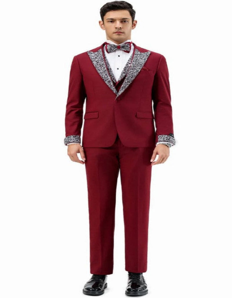 Dark Red - Maroon Wine Prom Tuxedo - Perfect Wedding Suit Vested rhinestone sequin Lapelled