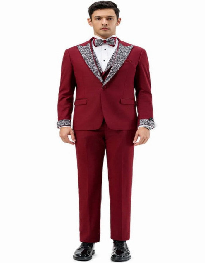 Dark Red - Maroon Wine Prom Tuxedo - Perfect Wedding Suit Vested rhinestone sequin Lapelled
