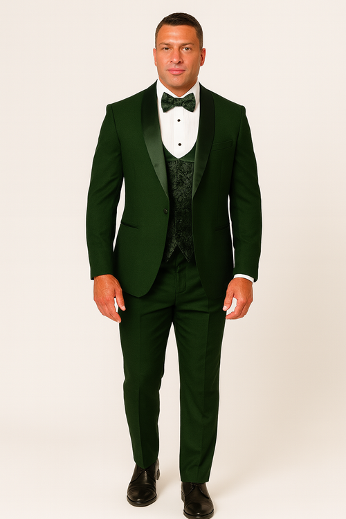 Dark Green Tuxedo - Men's Modern Fit Wedding & Prom Shawl Matching Hunter Green Tuxedo