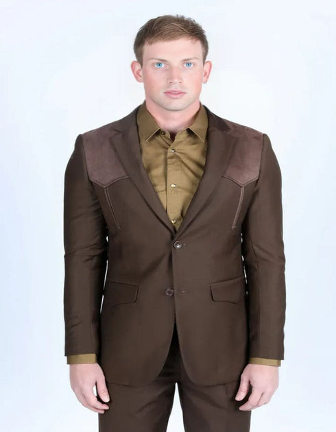 Men's Western Dark Brown Suit Sport Coat with Suede Yokes and Elbow Patches