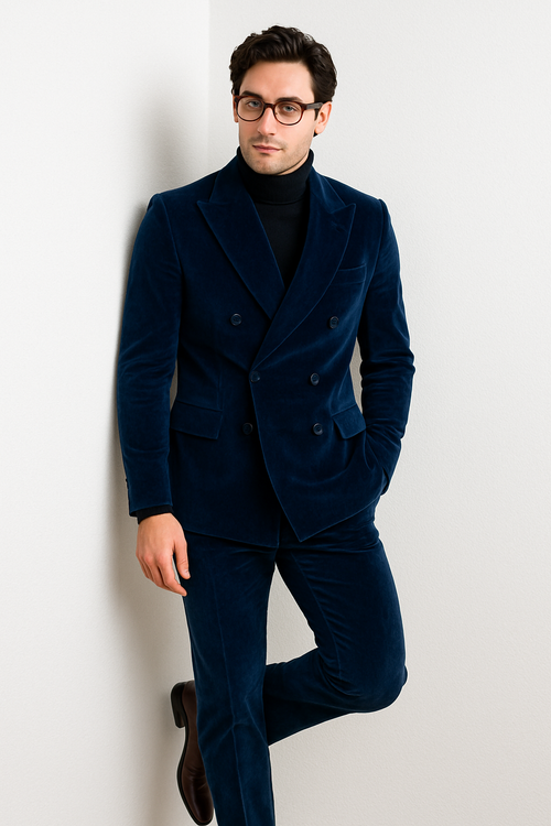 Mens Double Breasted Suits Slim Fitted - Velvet Suit - Winter Fabric Dark Royal Suit