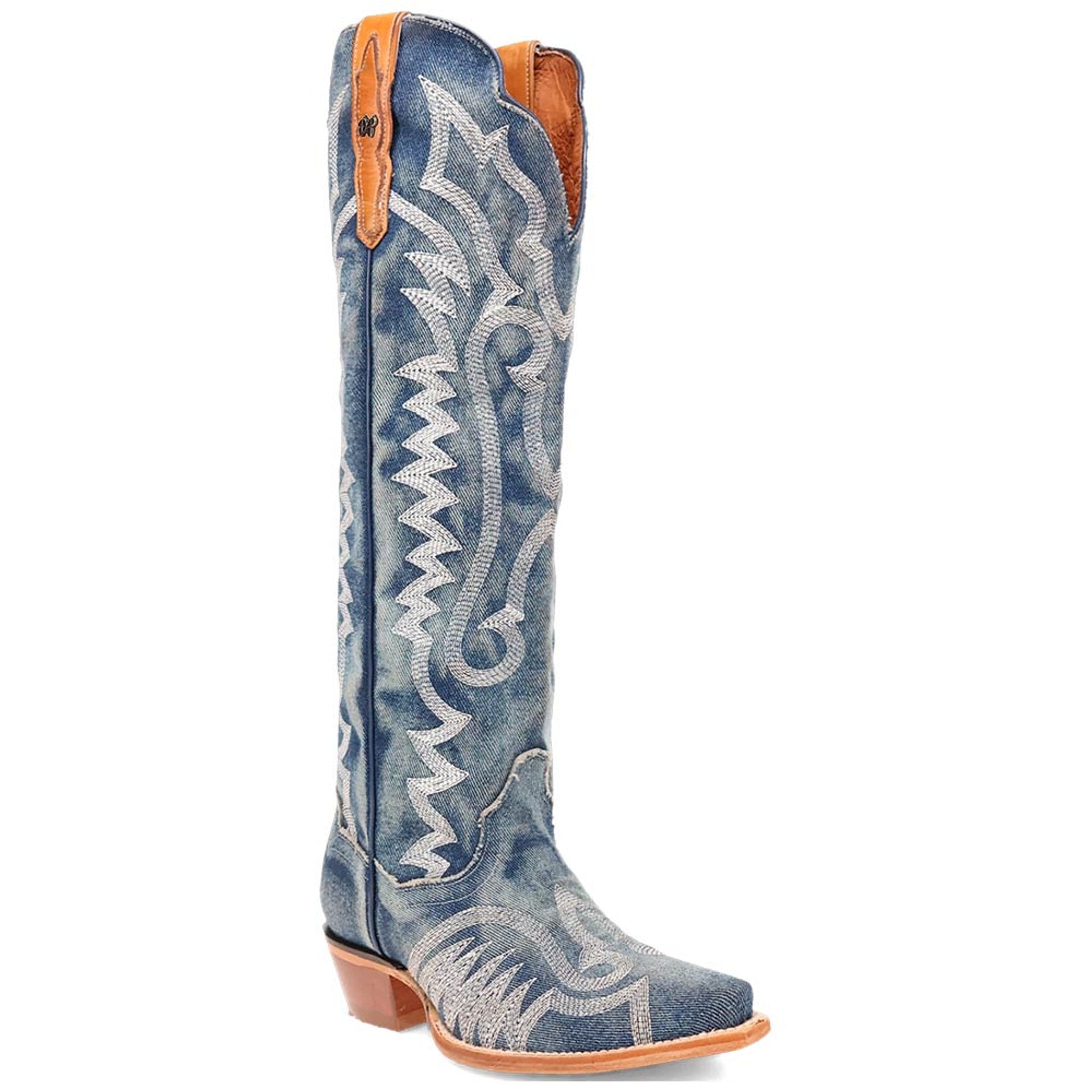 Dan Post women's Darlin boots: blue denim shaft, silver embroidery, snip toe, side zipper, brown sole, and slight heel. A stylish, fitted western boot.
