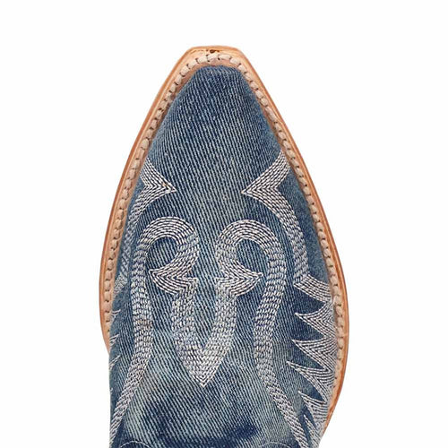 Dan Post Darlin' denim snip toe boots for women. Denim upper with contrasting embroidery. Light leather sole with visible stitching. Stylish and structured design.
