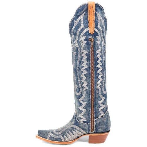 Dan Post Women's Denim Darlin boots: Tall blue denim shaft with white embroidery, side zipper, and snip toe. Brown sole with a slight heel. Leather accent at top.
