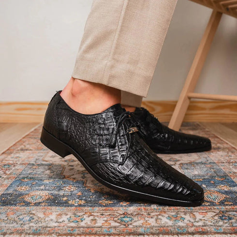 Marco Di Milano Lacio Men's Shoes Black Genuine Caiman Crocodile Dress Derby Oxfords