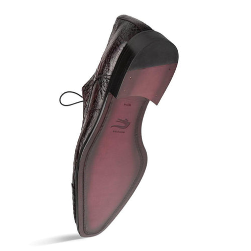 Mezlan's Giovane Fuscus derby shoes: burgundy crocodile leather with a cap toe. Features a sleek, pointed shape, textured pattern, dark soles, and black laces for a refined look.
