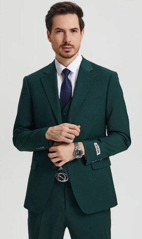 Men's Two Button Vested Notch Lapel Basic Designer Suit in Hunter Green