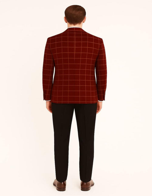 Men's Red Velvet Plaid Blazer with Satin Lapel â€“ Designer Tartan Suit Jacket for Holidays and Events