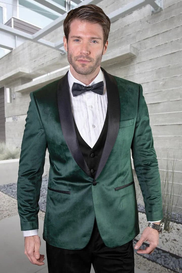 Dark Green Tuxedo - Men's Designer Vested Velvet Wedding & Prom Hunter green Tuxedo