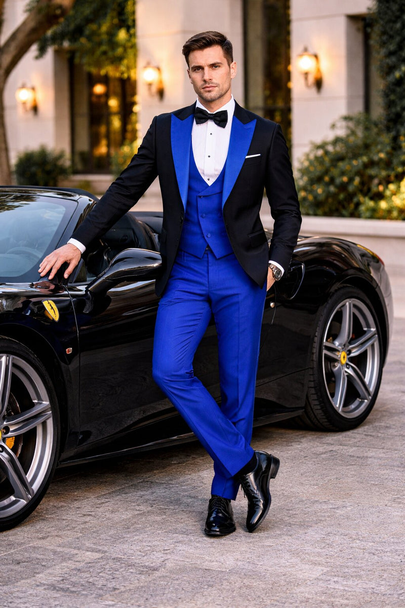 Statement Fashion Tuxedo Suit Mens Royal Two Tone 3 Piece