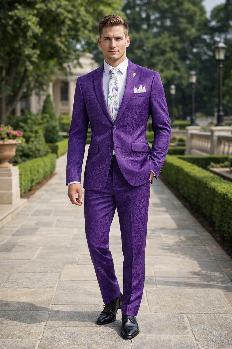 Mens Paisley Pattern Prom Suit – Grape Purple Slim Fit Formal Style