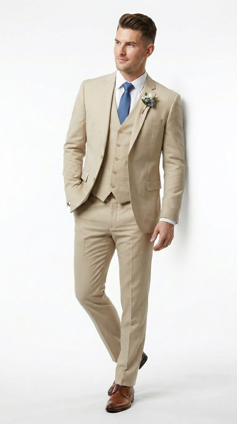 Men’s Tan Slim Fit 3 Piece Beach Wedding Suit with Vest, Summer Formal Dress Suit