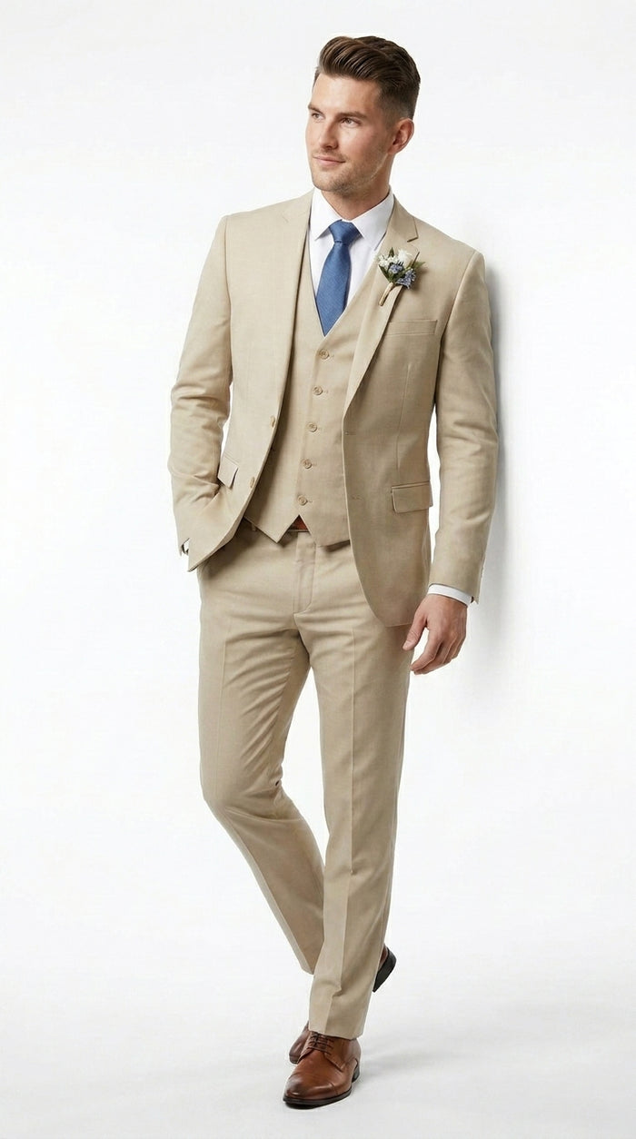 Men’s Tan Slim Fit 3 Piece Beach Wedding Suit with Vest, Summer Formal Dress Suit