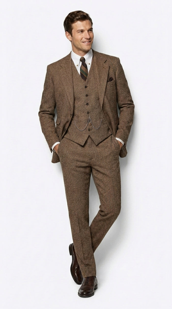 Men’s Great Gatsby Costume Package, Brown 1920s Suit with Vest, Pants, Shirt and Tie