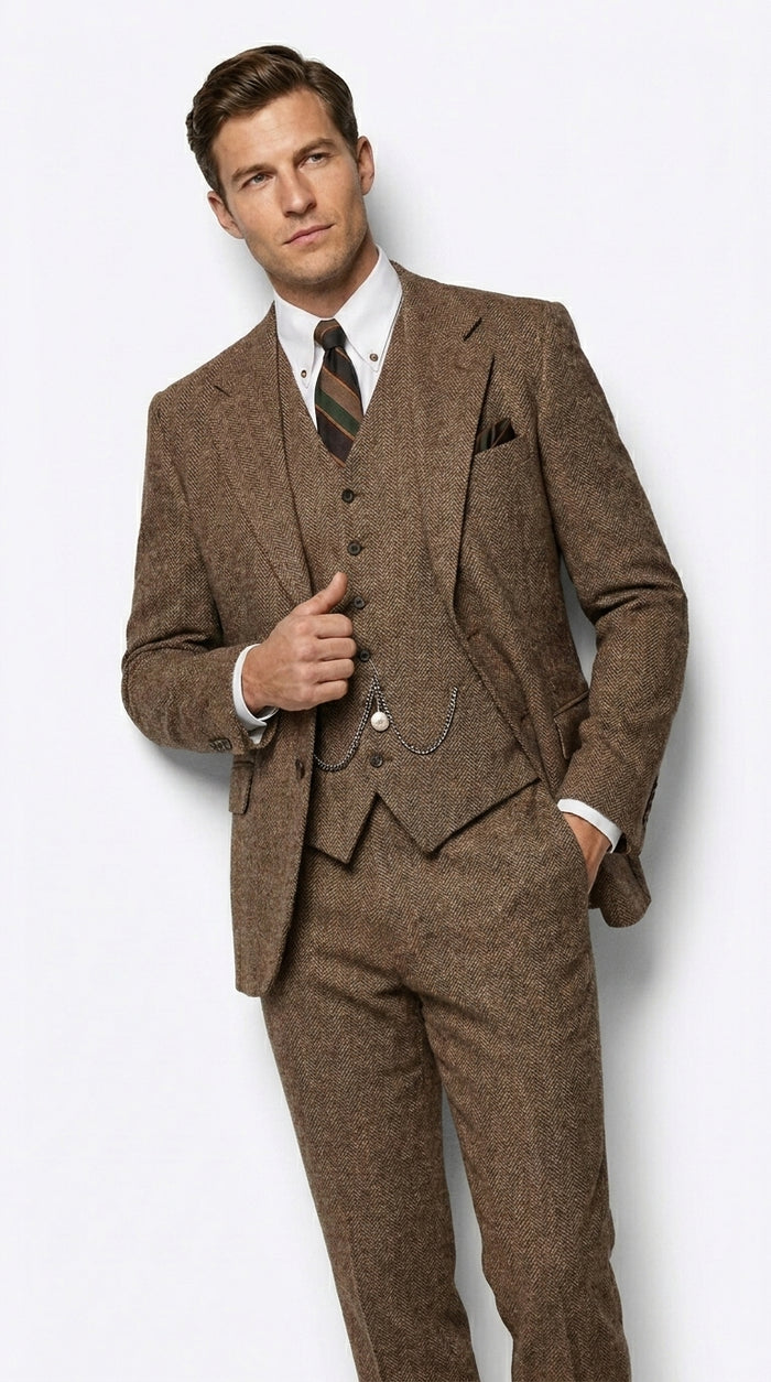 Men’s Great Gatsby Costume Package, Brown 1920s Suit with Vest, Pants, Shirt and Tie