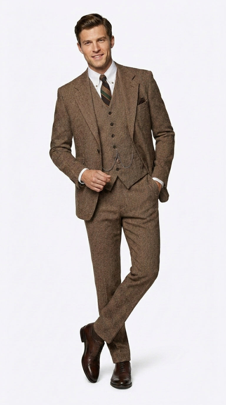 Men’s Great Gatsby Costume Package, Brown 1920s Suit with Vest, Pants, Shirt and Tie