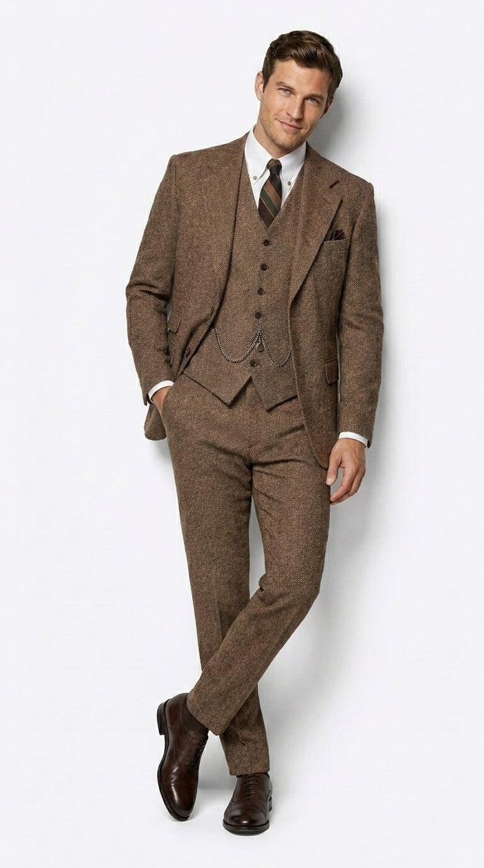 Men’s Great Gatsby Costume Package, Brown 1920s Suit with Vest, Pants, Shirt and Tie