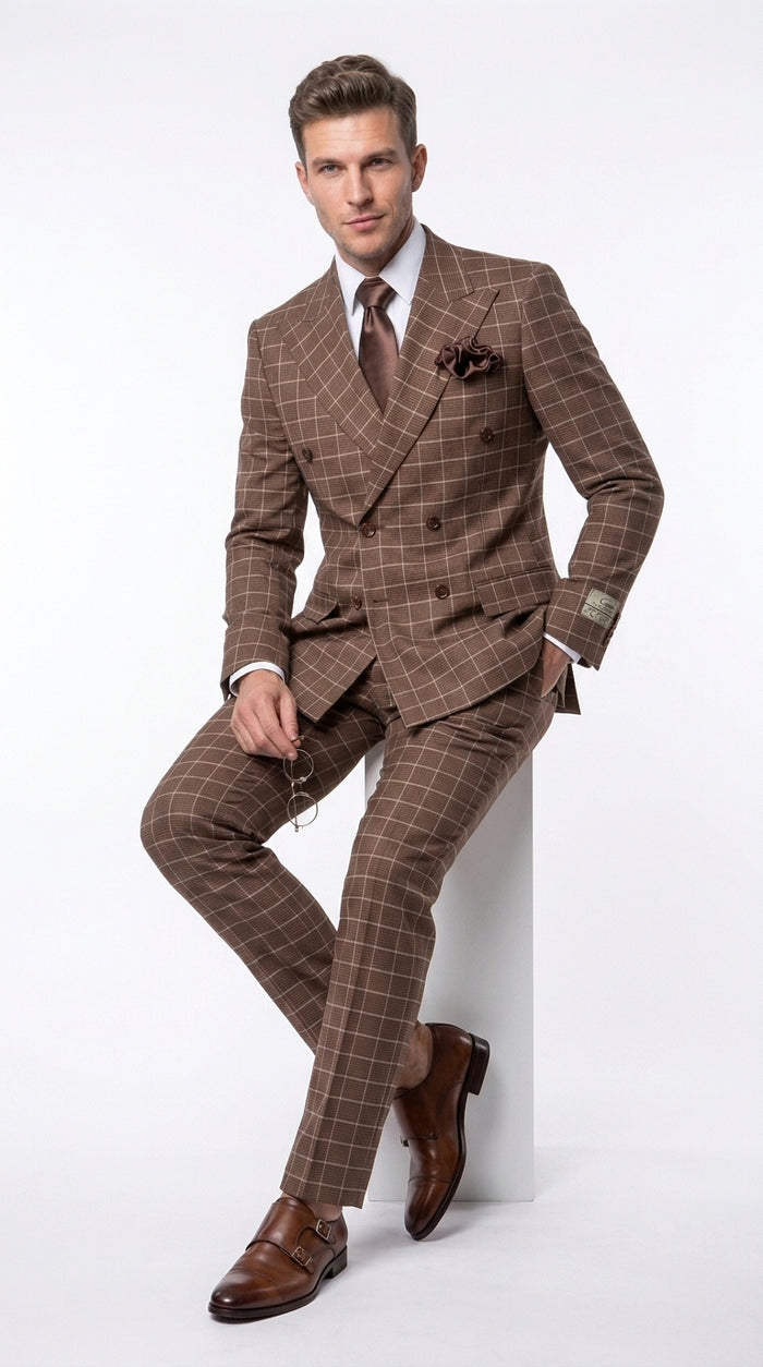 Rossi Man Arthur RM2317 Men’s Brown Windowpane Double Breasted Suit, Formal Dress Suit