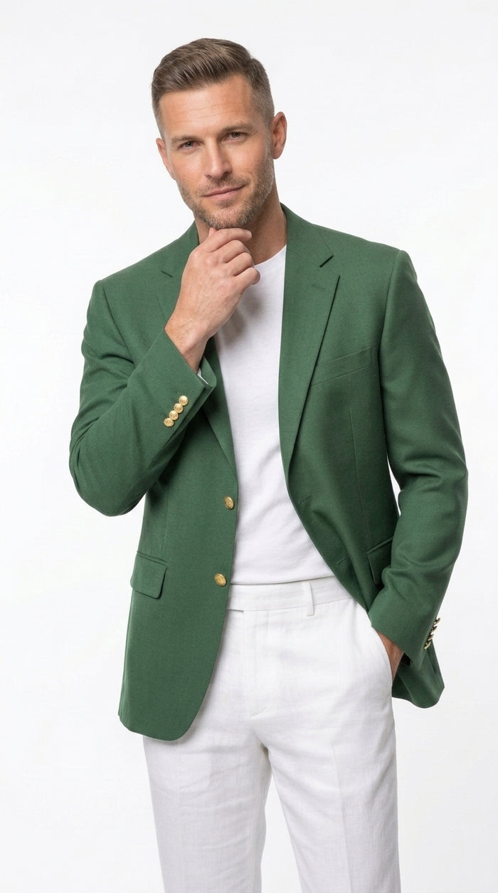 Men’s Green Blazer with Gold Buttons, Four Button Sleeve Dress Casual Sport Coat