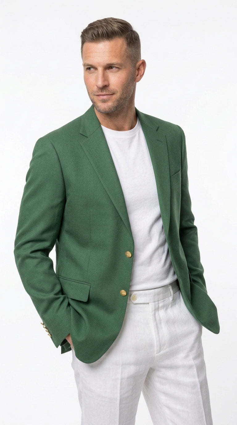 Men’s Green Blazer with Gold Buttons, Four Button Sleeve Dress Casual Sport Coat