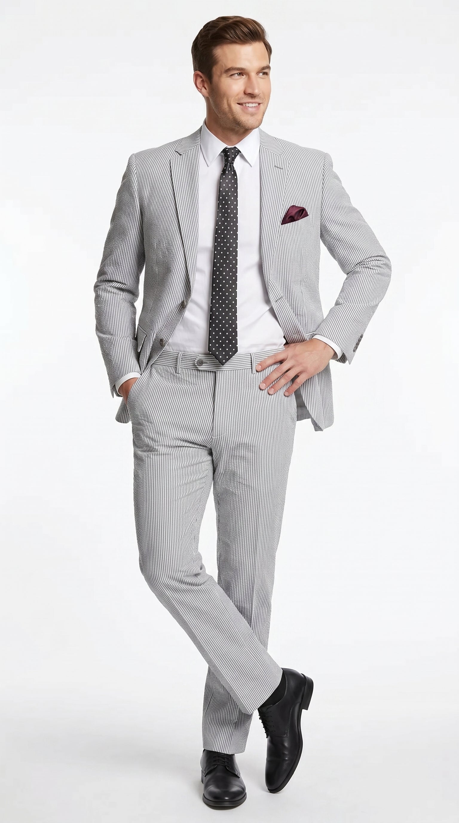 Men’s Black Pinstripe 2 Piece Seersucker Suit, Summer Modern Fit Dress Suit