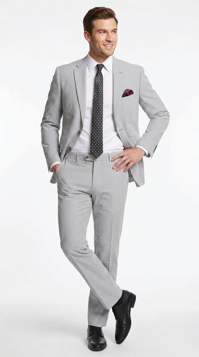 Men’s Black Pinstripe 2 Piece Seersucker Suit, Summer Modern Fit Dress Suit