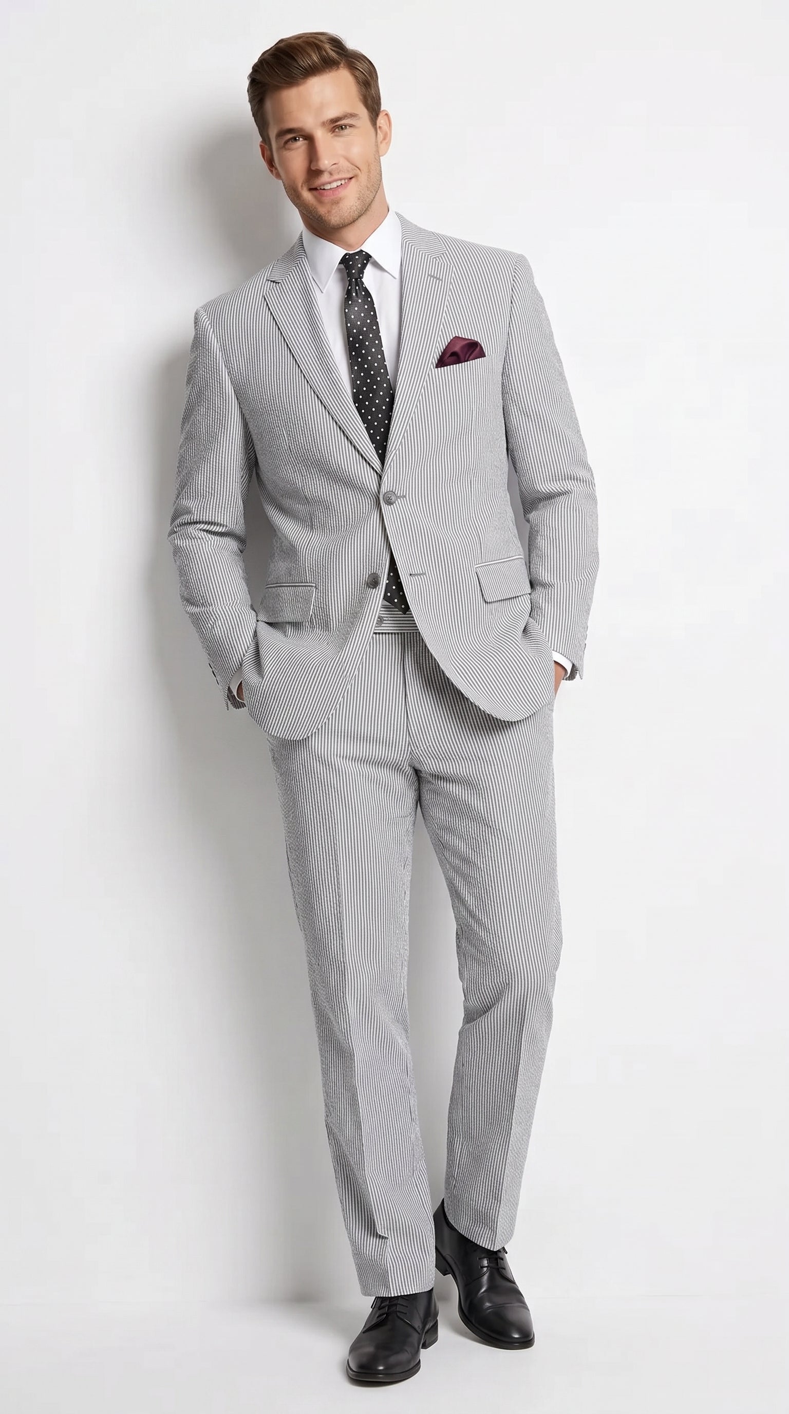 Men’s Black Pinstripe 2 Piece Seersucker Suit, Summer Modern Fit Dress Suit