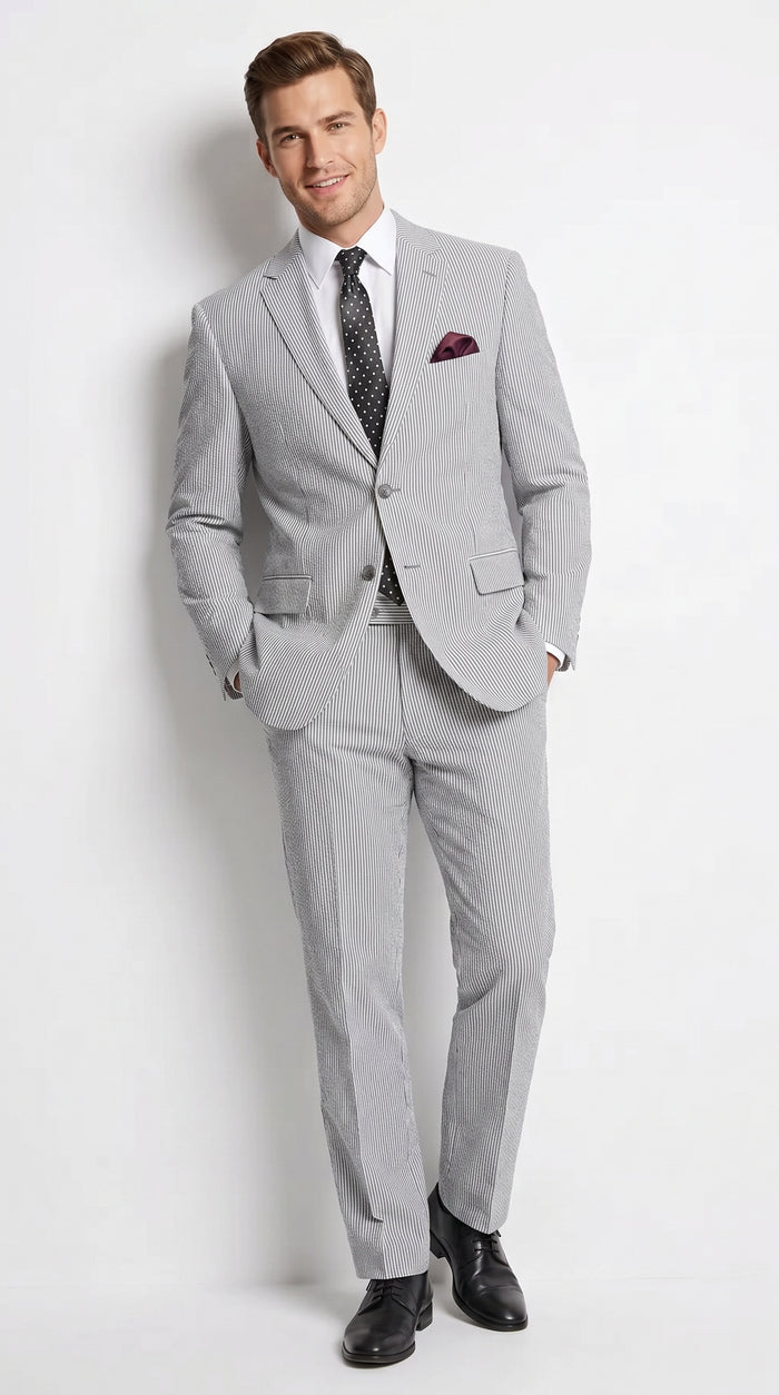 Men’s Black Pinstripe 2 Piece Seersucker Suit, Summer Modern Fit Dress Suit