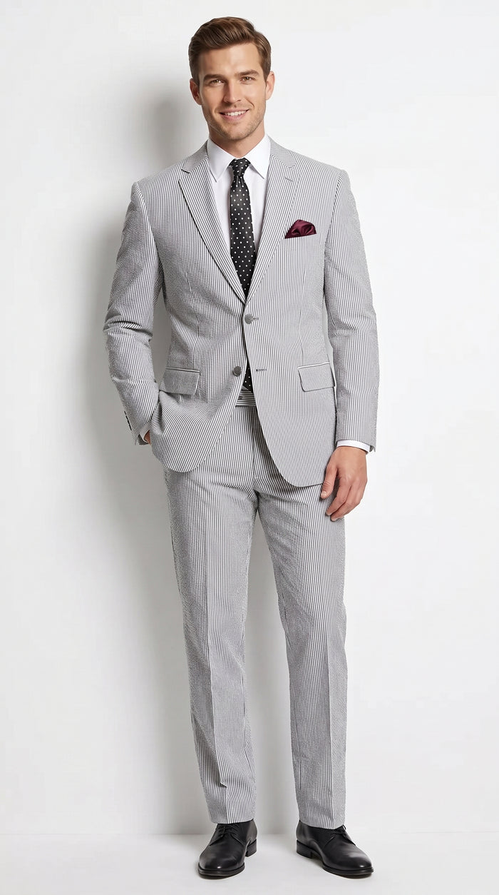 Men’s Black Pinstripe 2 Piece Seersucker Suit, Summer Modern Fit Dress Suit