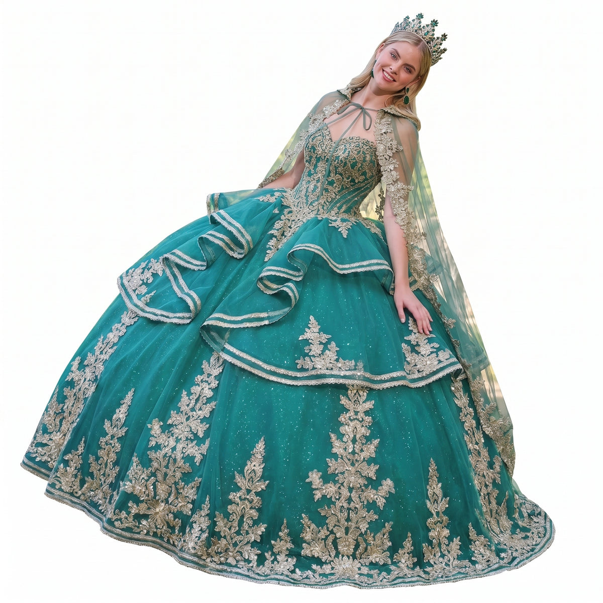 Elizabeth K GL3671 Emerald Green Quinceañera Ball Gown – Strapless Sweetheart Beaded Corset Dress with Ruffle-Tier Skirt & Embroidered Cape
