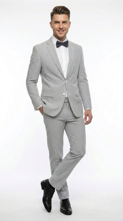 Men’s Gray Seersucker Suit, Lightweight Summer Wedding Prom Dress Suit