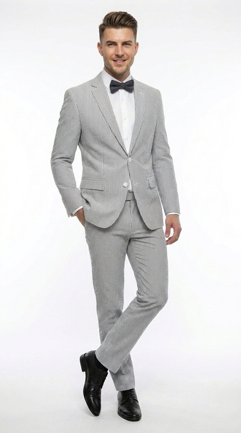 Men’s Gray Seersucker Suit, Lightweight Summer Wedding Prom Dress Suit