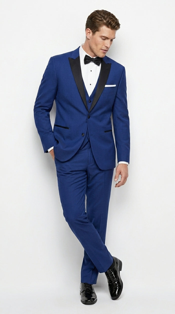 Men’s Cobalt Blue Wedding Tuxedo Set with Black Satin Shawl Lapel and Matching Vest