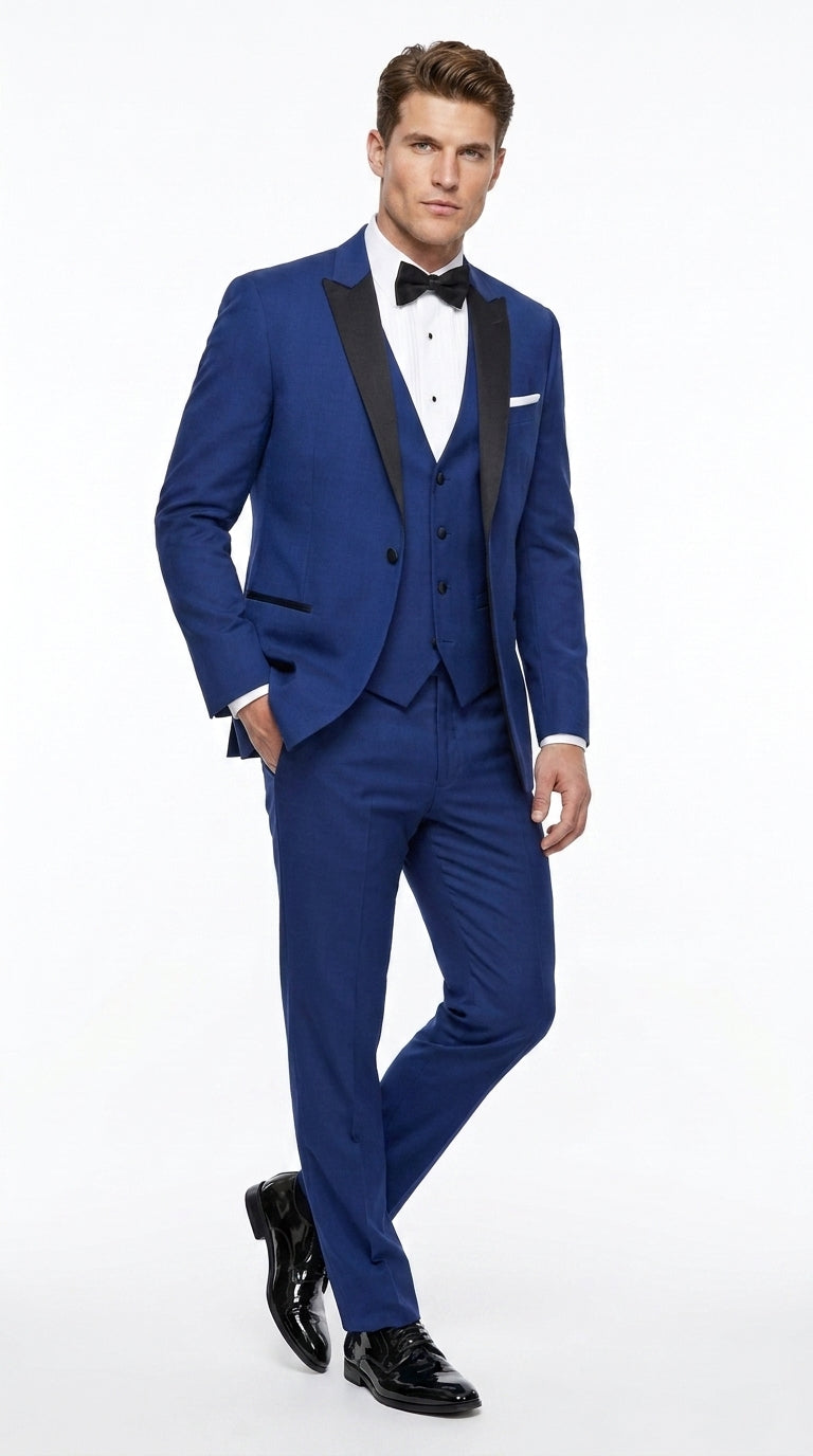 Men’s Cobalt Blue Wedding Tuxedo Set with Black Satin Shawl Lapel and Matching Vest