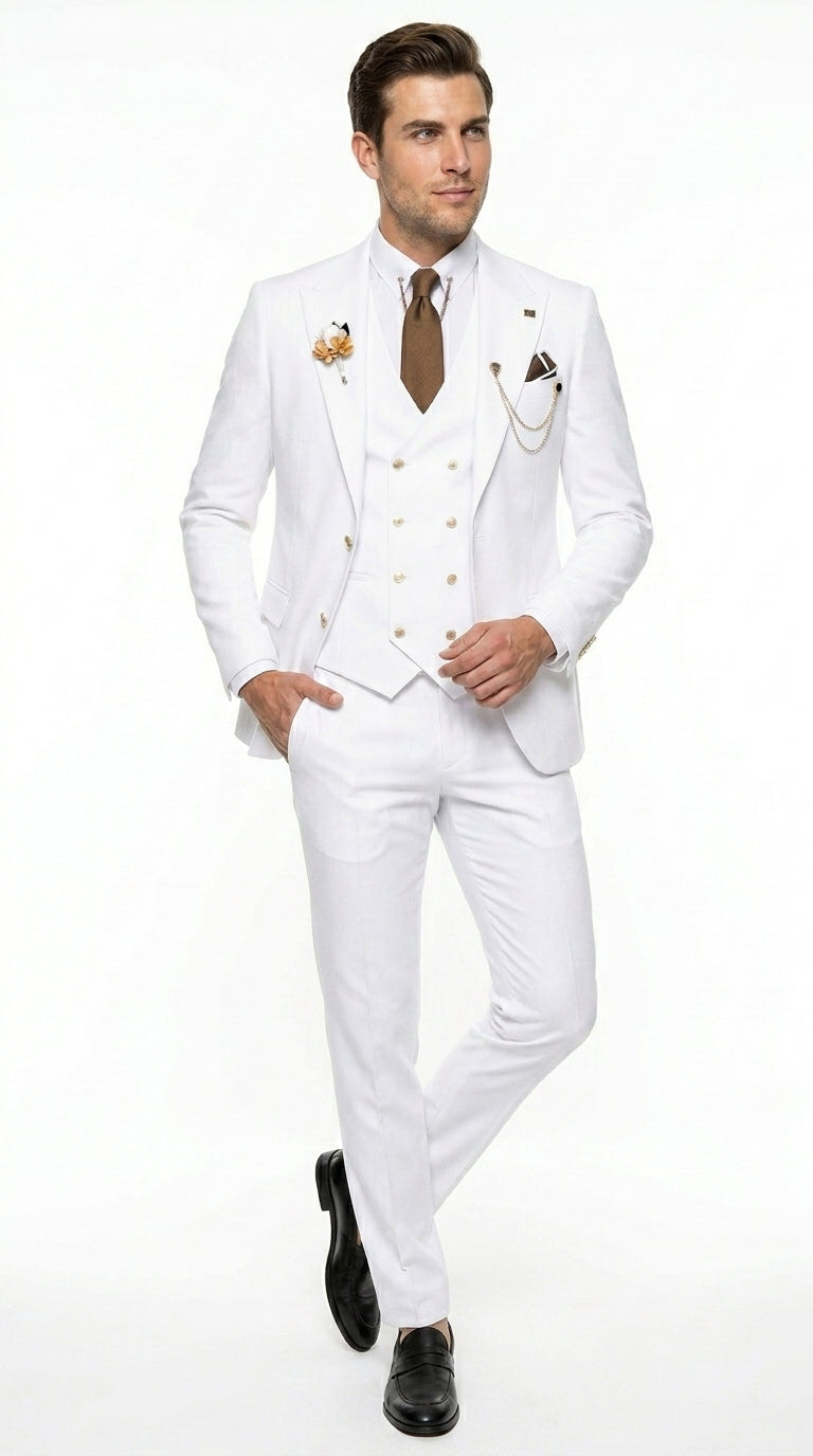 Men’s White and Gold Prom Tuxedo Suit with Double Breasted Vest, Formal Wedding Suit