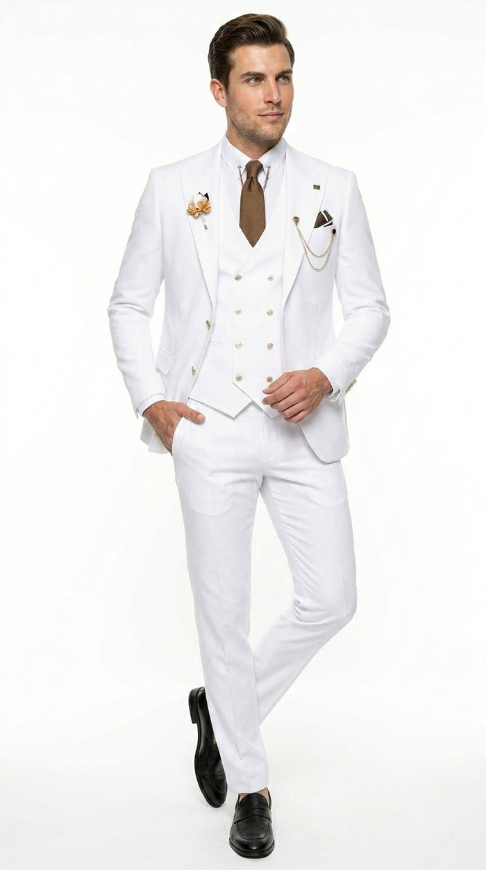 Men’s White and Gold Prom Tuxedo Suit with Double Breasted Vest, Formal Wedding Suit