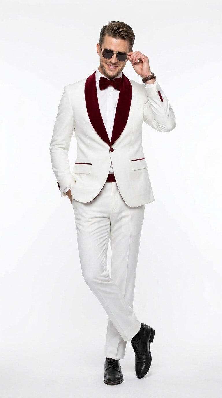 Men’s White and Burgundy Wedding Tuxedo, Formal Groom Prom Shawl Lapel Tuxedo Suit