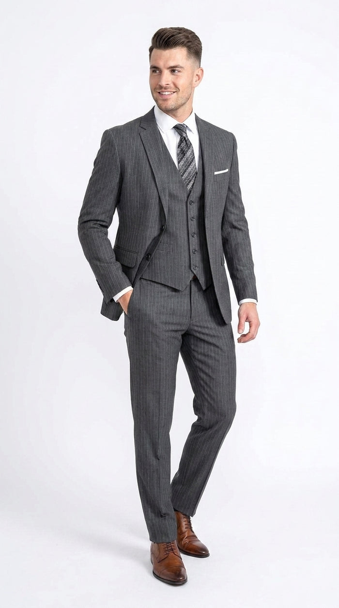 Men’s Charcoal Grey Pinstripe 2 Button Vested Suit, Modern Fit Wool Blend Formal Dress Suit