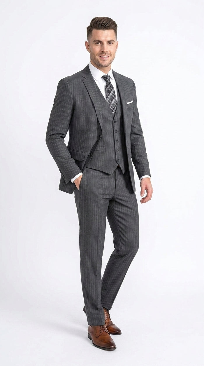 Men’s Charcoal Grey Pinstripe 2 Button Vested Suit, Modern Fit Wool Blend Formal Dress Suit