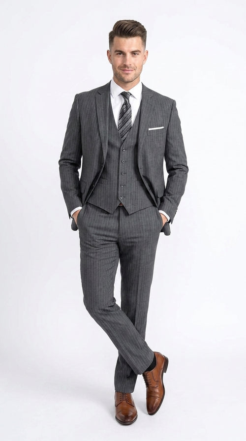 Men’s Charcoal Grey Pinstripe 2 Button Vested Suit, Modern Fit Wool Blend Formal Dress Suit