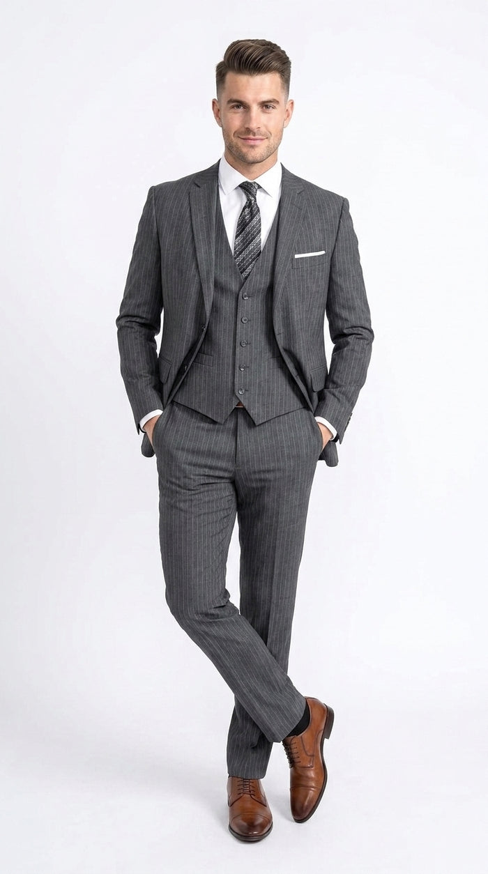 Men’s Charcoal Grey Pinstripe 2 Button Vested Suit, Modern Fit Wool Blend Formal Dress Suit