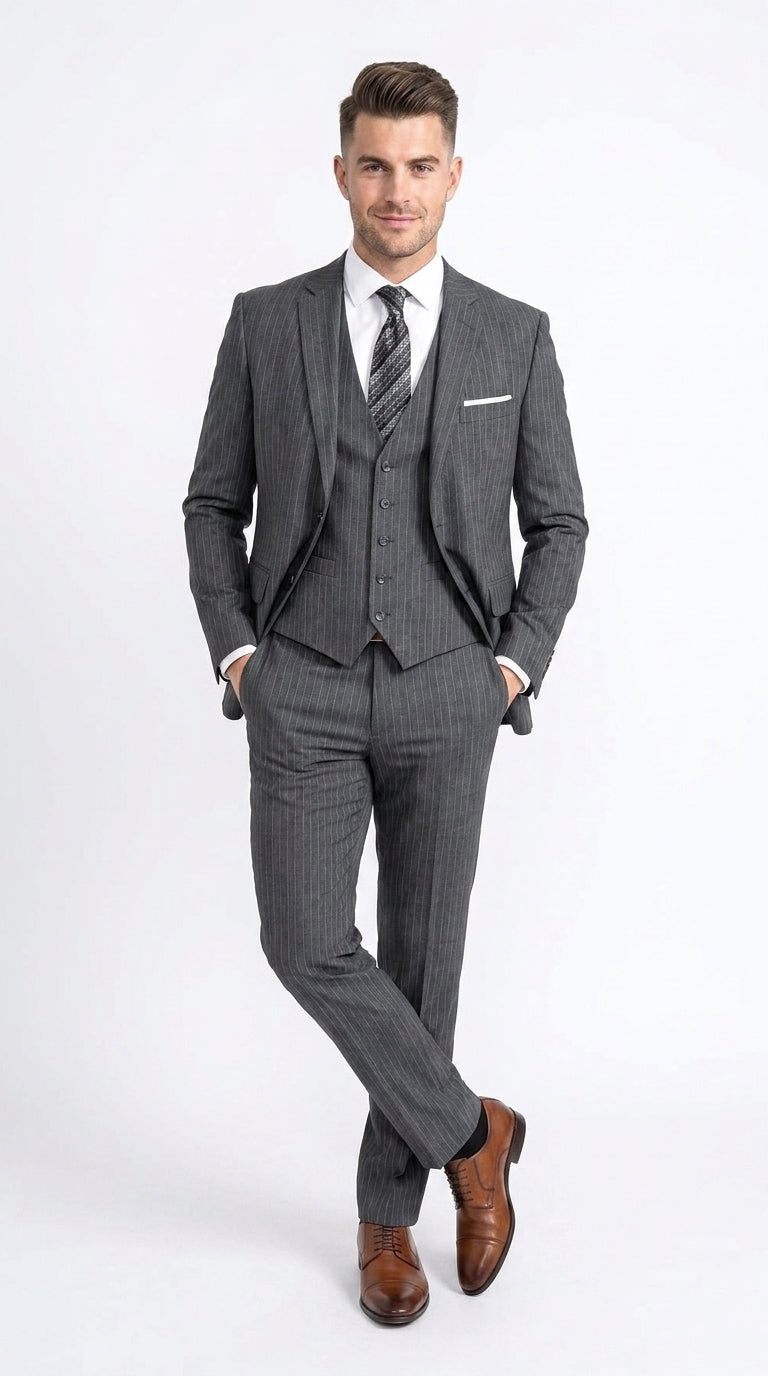 Men’s Charcoal Grey Pinstripe 2 Button Vested Suit, Modern Fit Wool Blend Formal Dress Suit