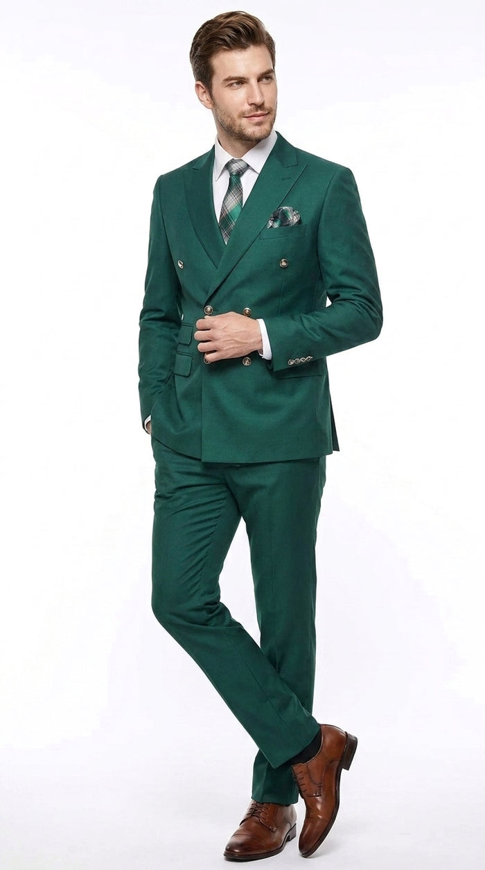 Men’s Hunter Green Double Breasted Wool Suit with Gold Buttons, Modern Fit Formal Wedding Suit