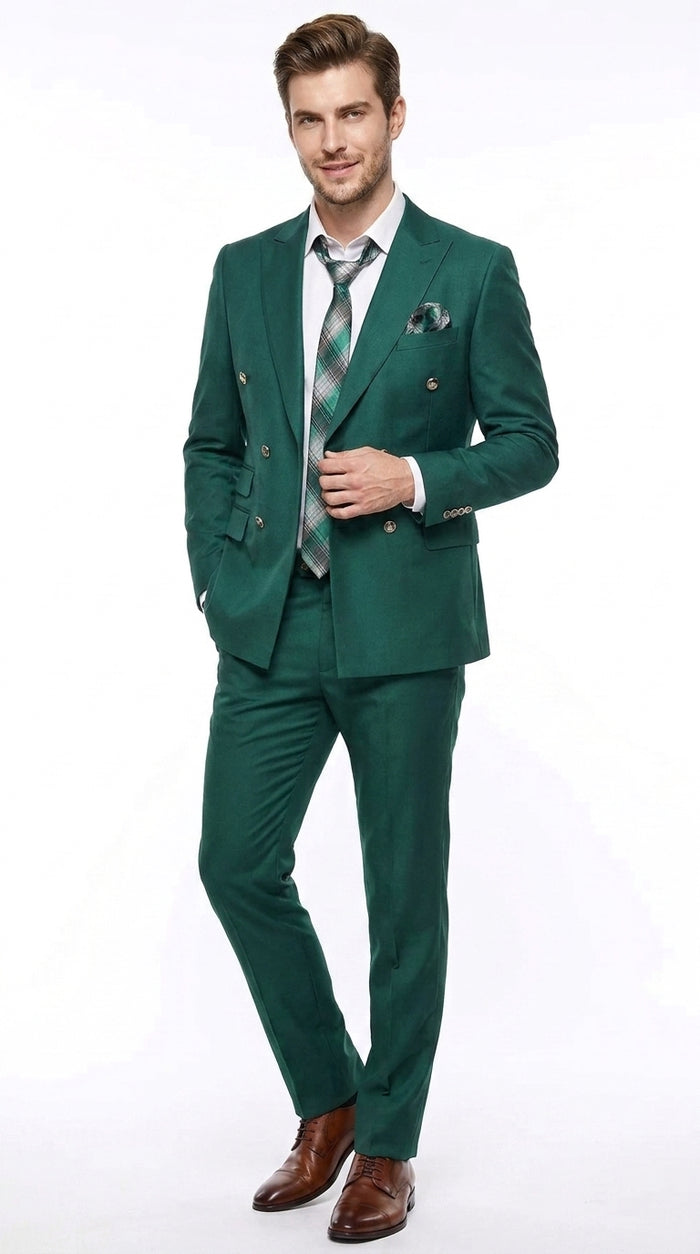 Men’s Hunter Green Double Breasted Wool Suit with Gold Buttons, Modern Fit Formal Wedding Suit