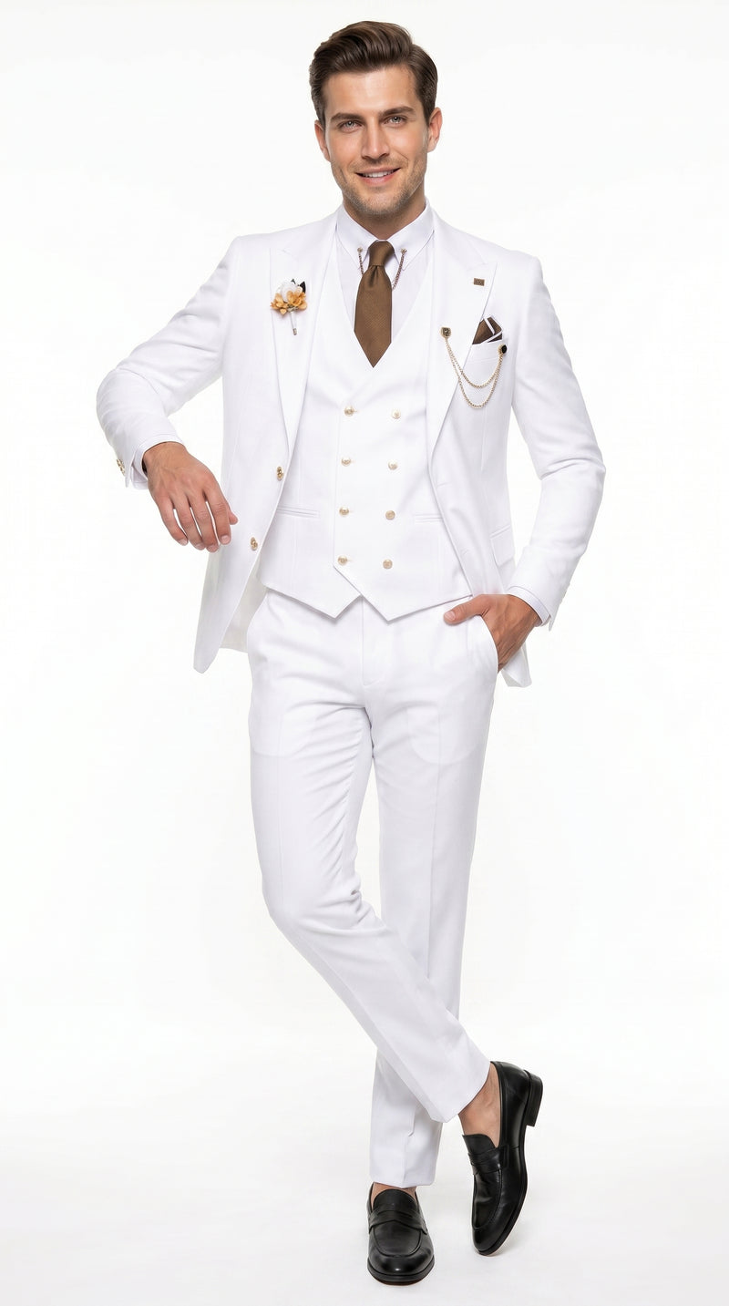 Men’s White and Gold Prom Tuxedo Suit with Double Breasted Vest, Formal Wedding Suit