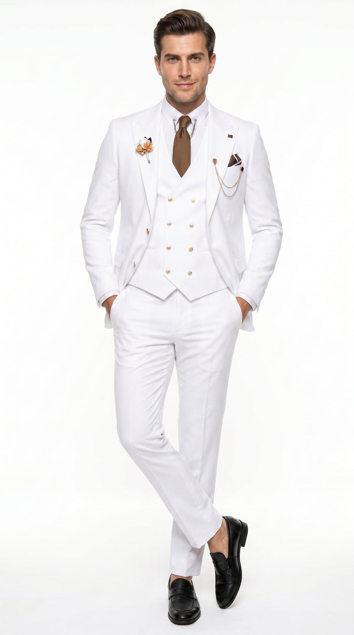 Men’s White and Gold Prom Tuxedo Suit with Double Breasted Vest, Formal Wedding Suit